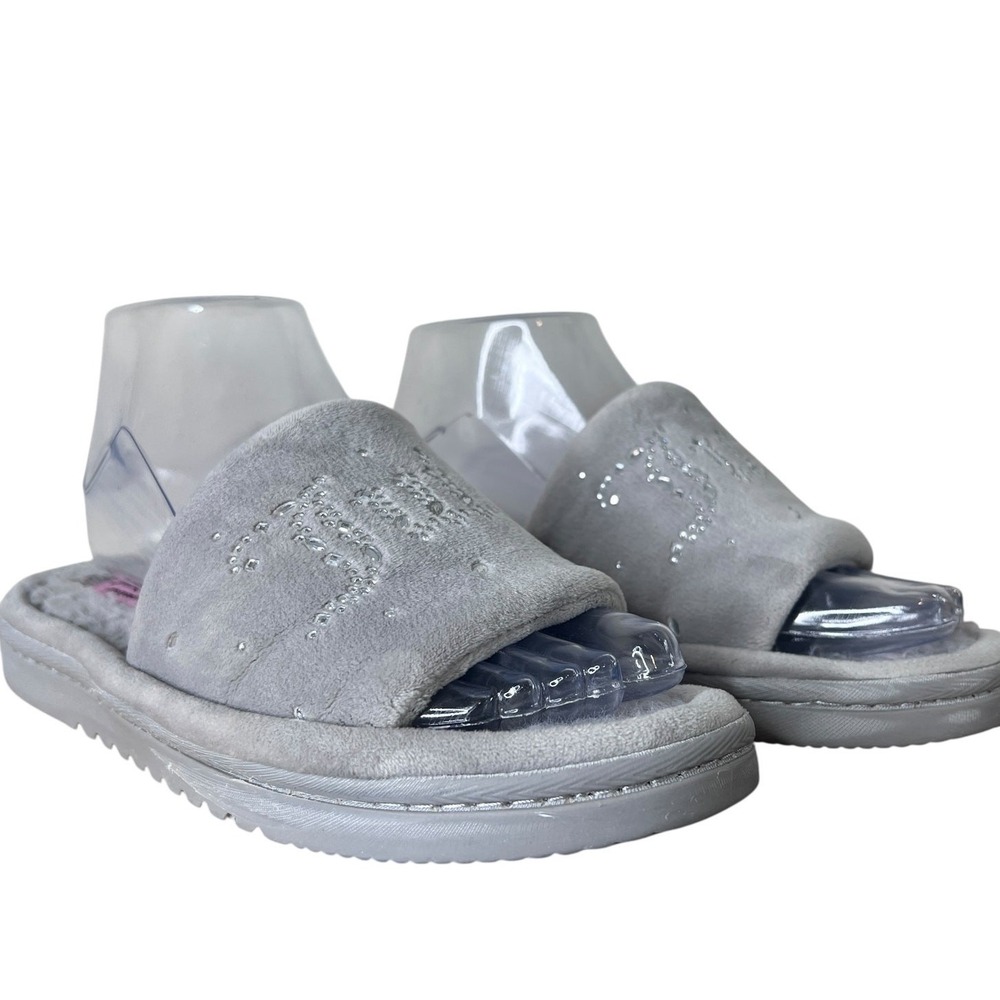 Juicy Couture Slide Slippers Womens M Grey Rhinestone Logo Faux Fur Plush - Picture 2 of 10